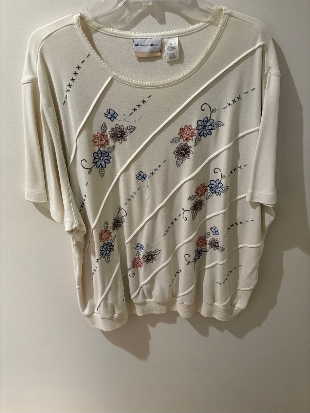 Alfred Dunner Cream Short Sleeve Top with Multicolor Floral Embroidery